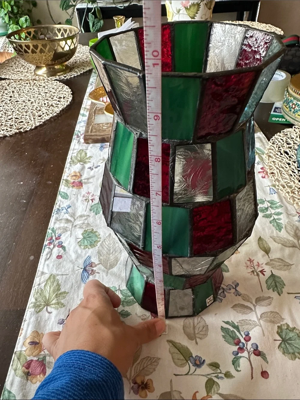 Green & Red Stained Glass Mosaic hurricane Glass- Home Accents